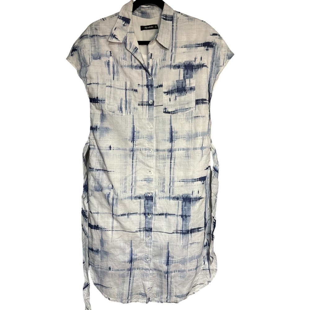 Mandolin Womens Blue White Abstract Plaid Button Down Lined Shirt Dress Large‎